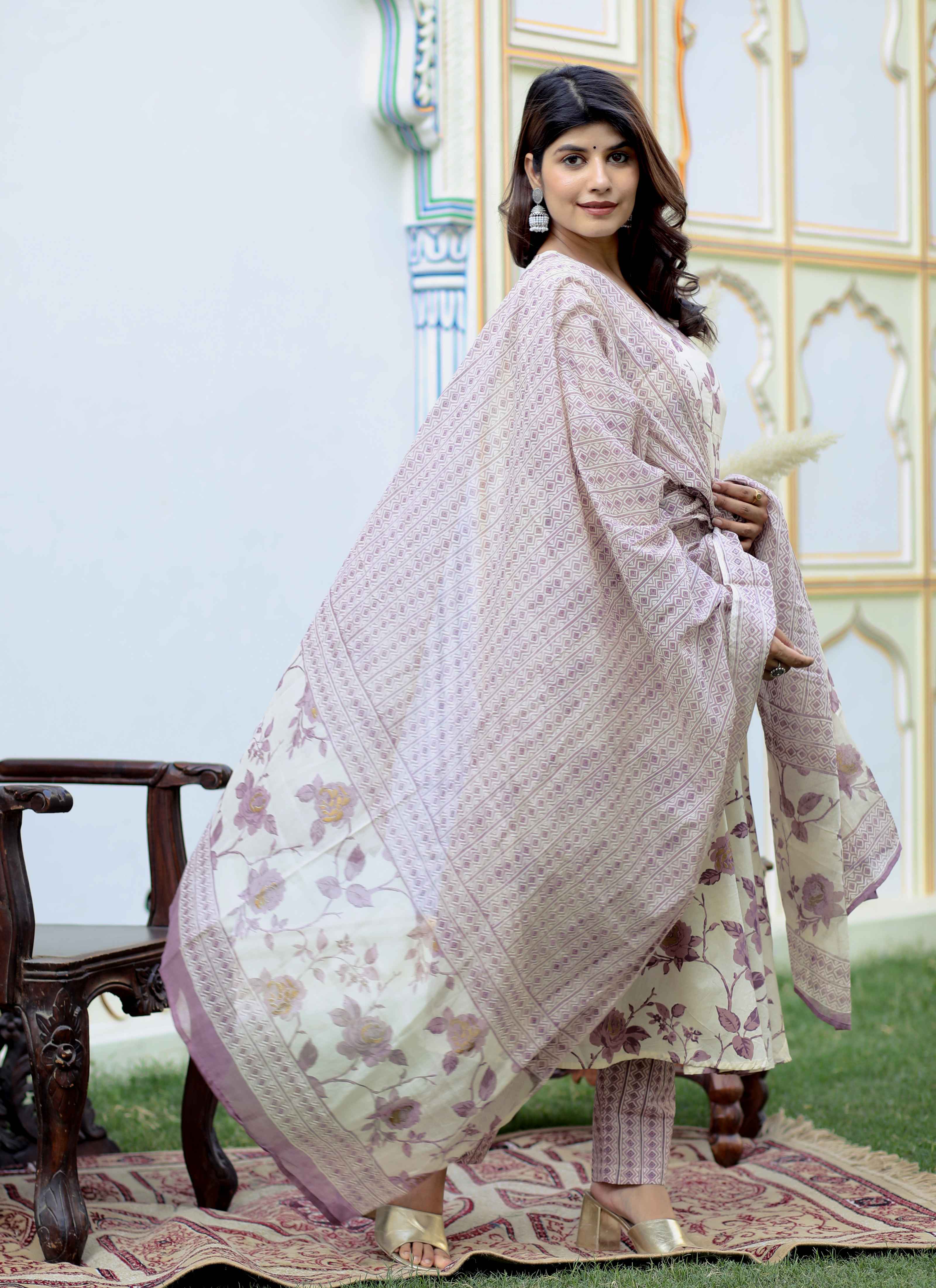 Pink Floral Cotton Anarkali Kurta with Palazzo & Dupatta Set